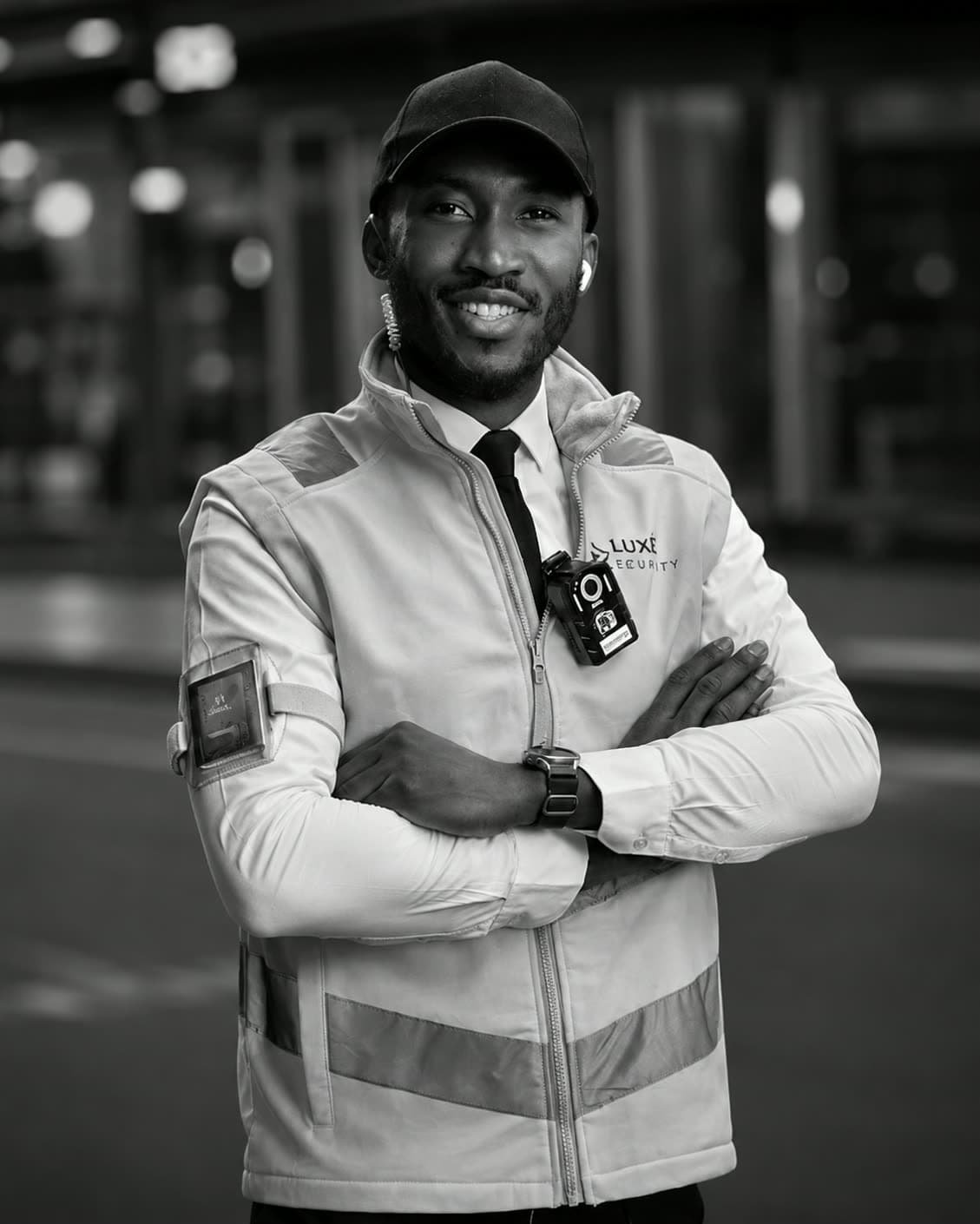 A Luxe Security door supervisor in branded uniform with body-worn camera, on shift outside a London venue